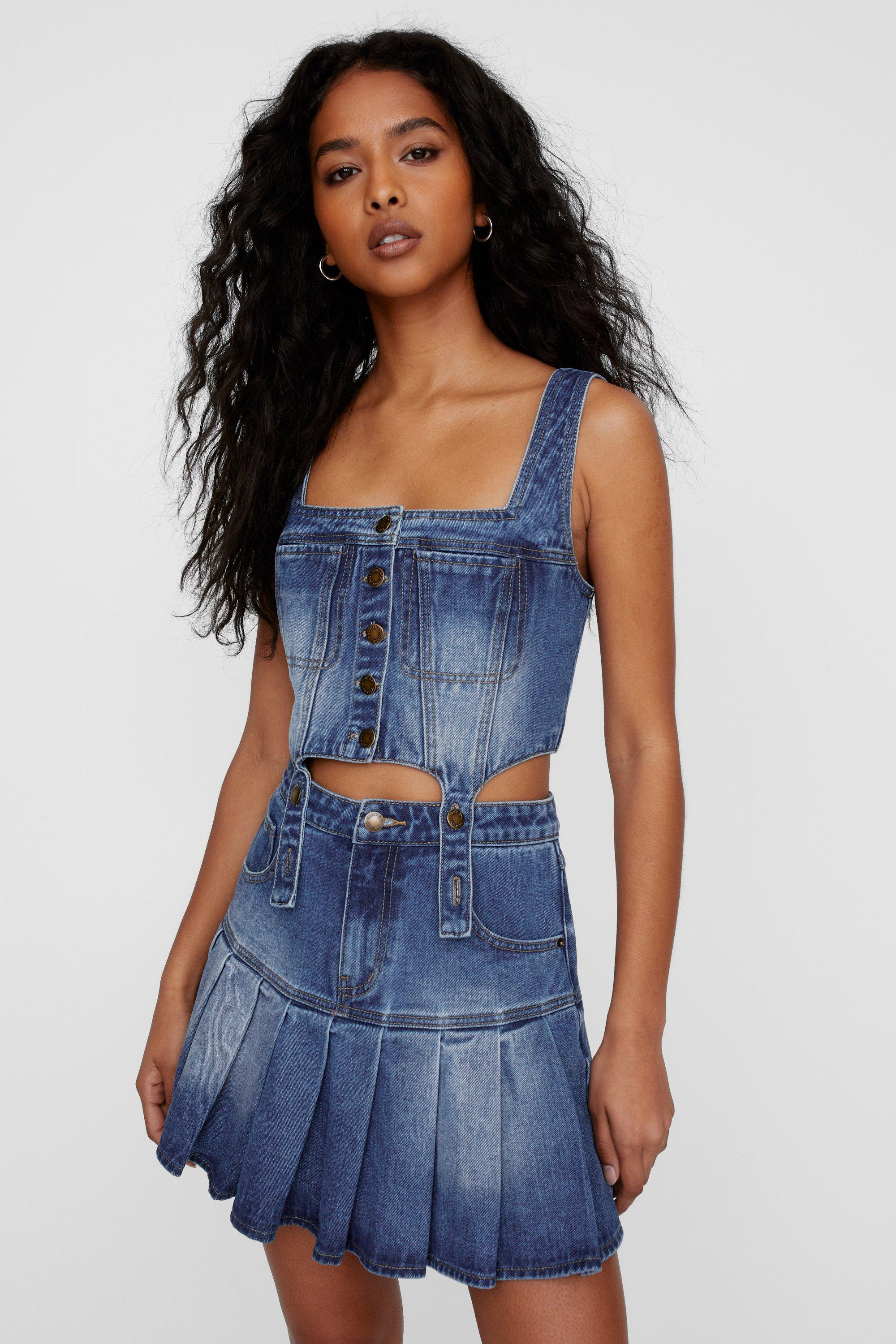 Pleated overall skirt denim hotsell